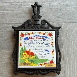 Vintage‎ Cherry Japan Trivet My House Poem Tile Cast Iron Floral Kitchen Decor